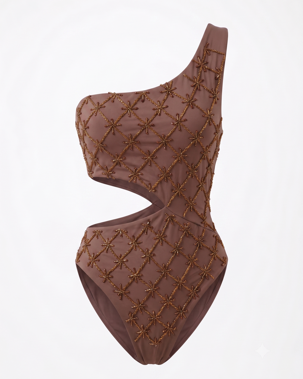 Mocha Starlight – One-Shoulder Embroidered Swimsuit