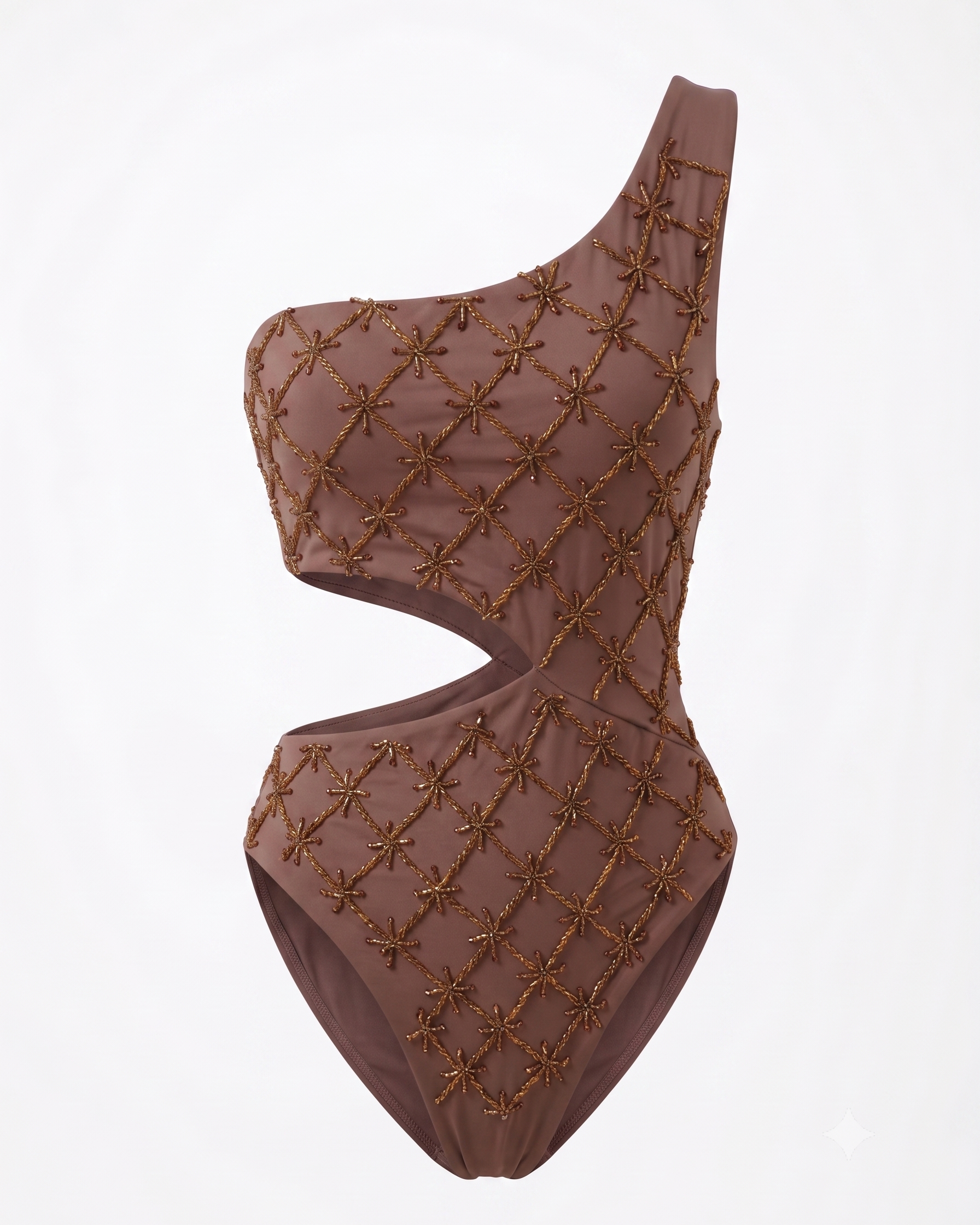 Mocha Starlight – One-Shoulder Embroidered Swimsuit