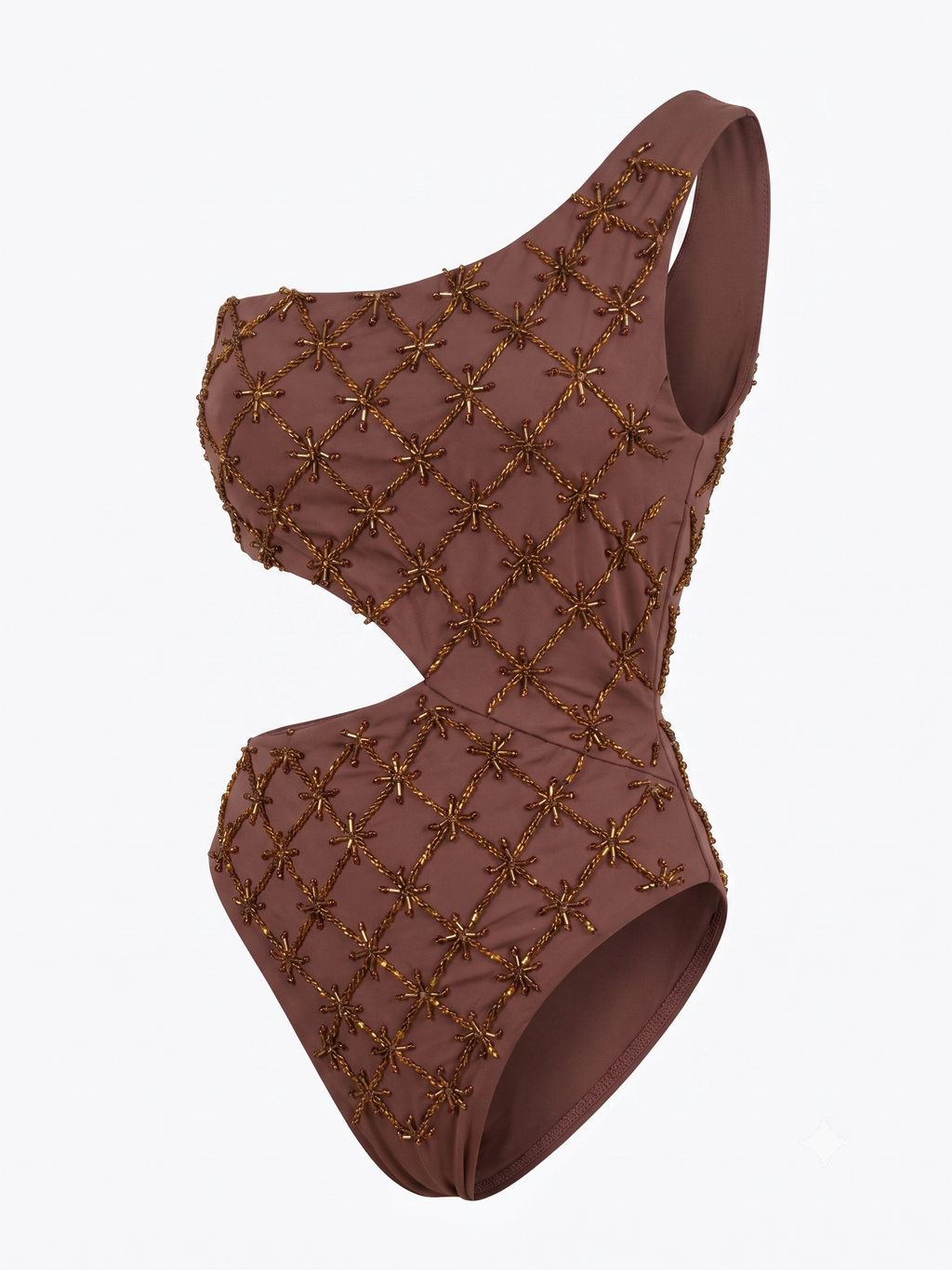 Mocha Starlight – One-Shoulder Embroidered Swimsuit