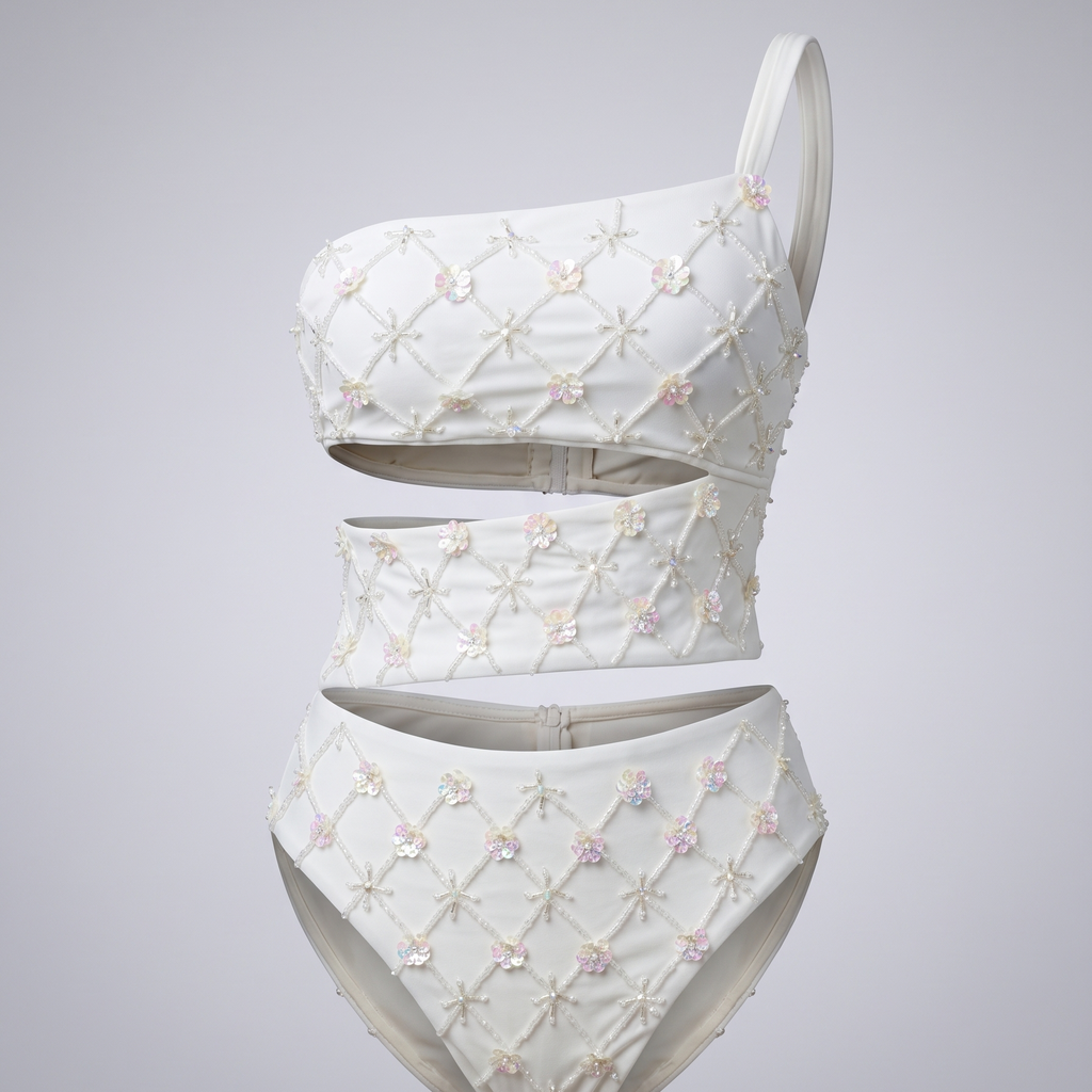 Pearl Blossom – One-Shoulder Embroidered Swimsuit