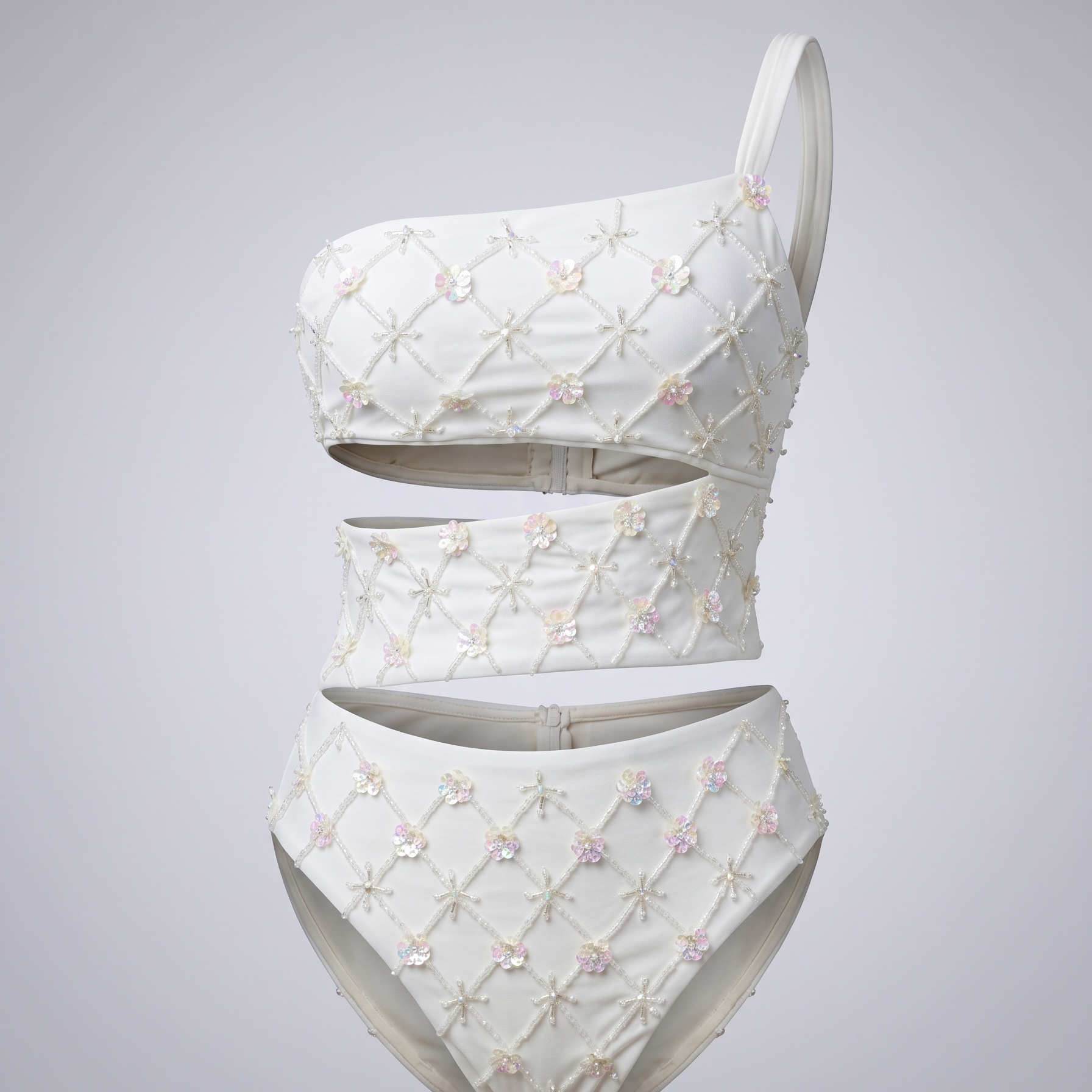 Pearl Blossom – One-Shoulder Embroidered Swimsuit